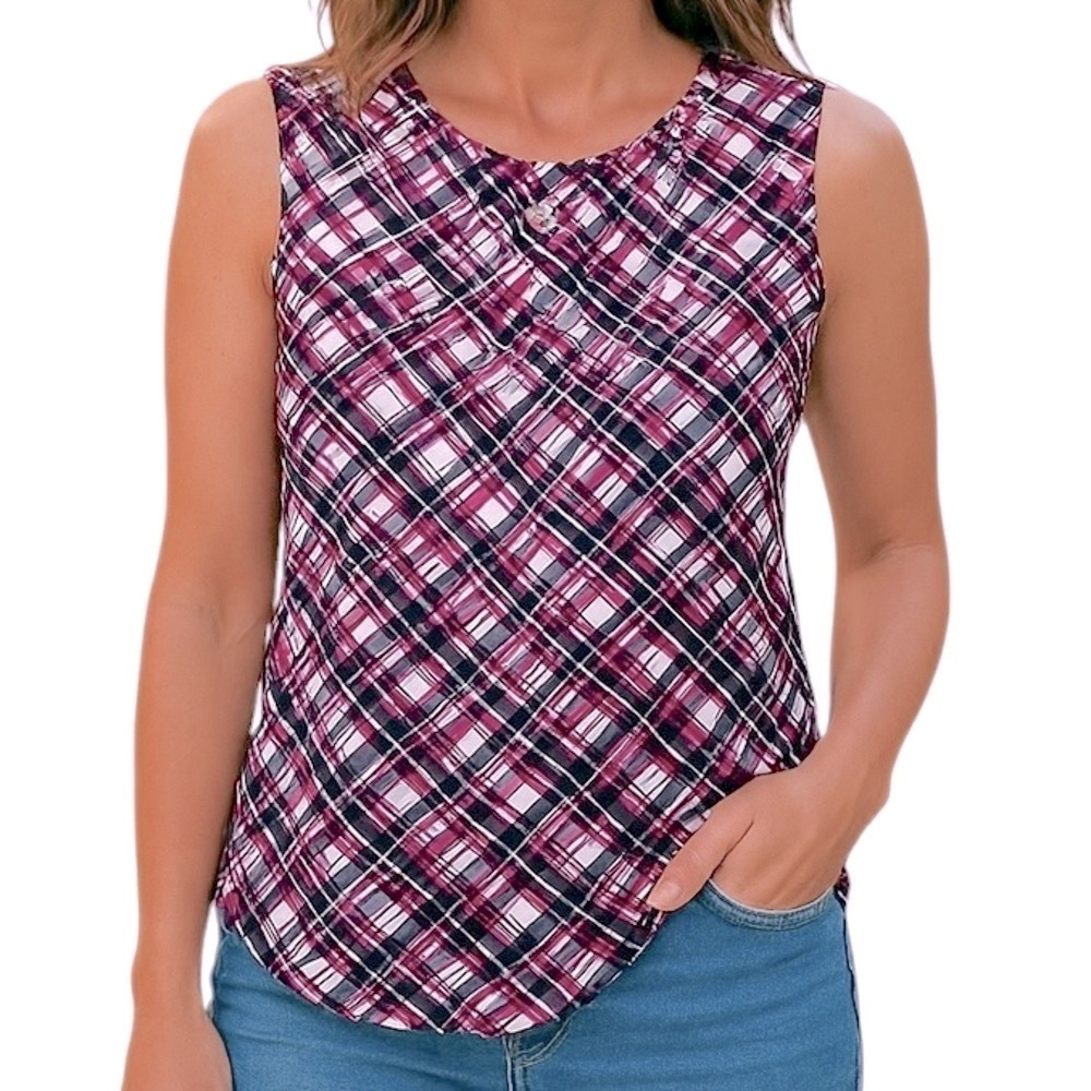 NINE WEST Blouse Wine Black White Sleeveless Geometric design Size Large